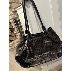 Brighton Valencia Metallic Pewter And Black Leather Embroidered Shoulder Bag